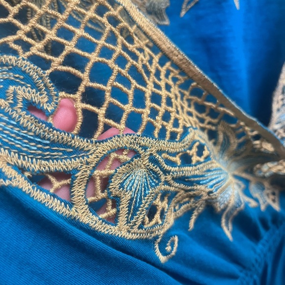 BCBGMaxAzria Teal Dress with Lime Crochet and Gold Embroidery - Picture 4 of 6